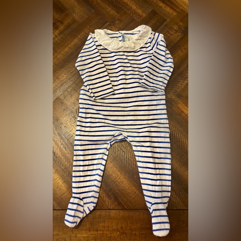 Jacadi Blue and White Striped Kids One Piece With Collar 12M